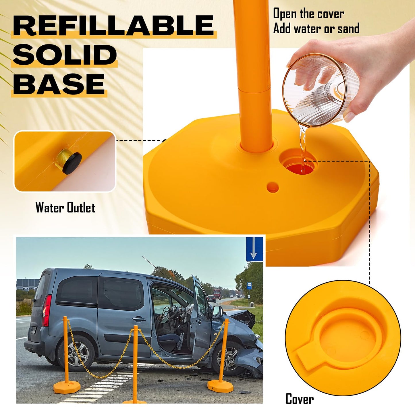 Geiserailie 12 Pack 12 Pack Traffic Barrier Posts 5ft Chains 34" Crowd Control Stanchions Parking Cone Plastic Stanchion Detachable Warning Bollard for Parking Lot Events & Construction Areas (Yellow)