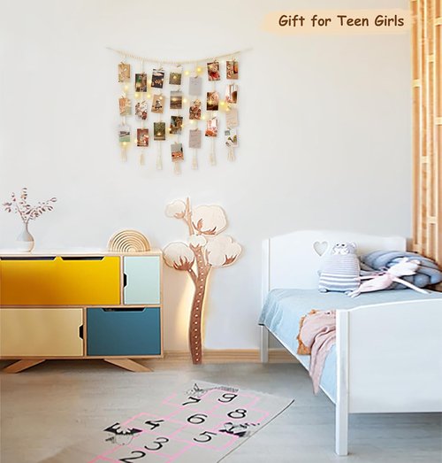 Mkono Macrame Photo Display Wall Decor - Boho String Lights & Wooden Beads | 45 Clip Collage Holder for Bedroom & Living Room
