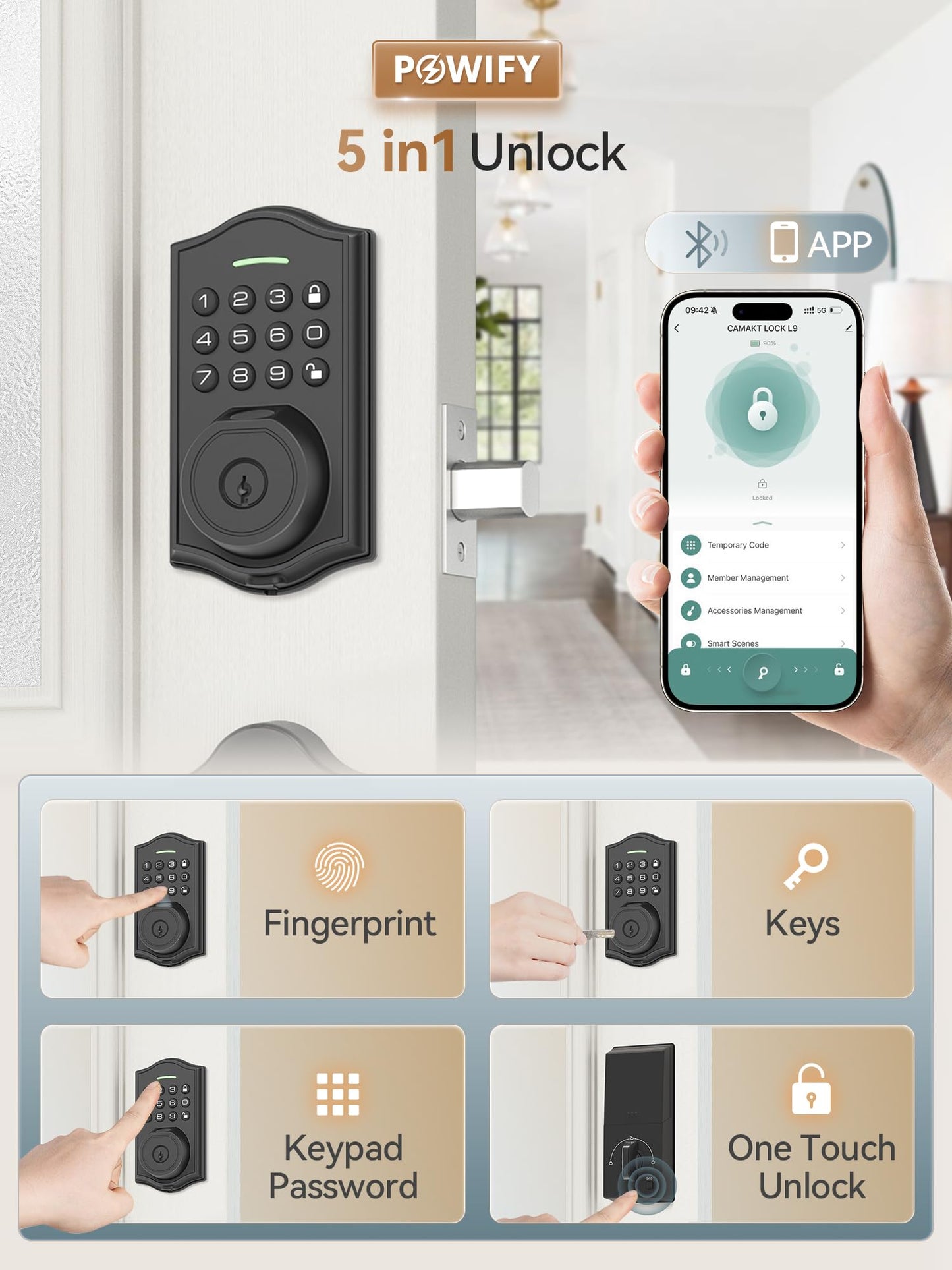POWIFY Keyless Entry Door Lock with Handle,Fingerprint Smart Front Door Lock Set,APP Control, Electronic Keypad Deadbolt with Lever Handle, Anti-Peeping, Auto Lock, Easy Install, Black