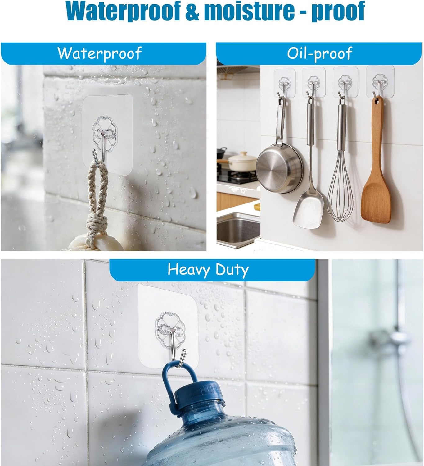 Skiennix Heavy Duty Self-Adhesive Wall Hooks - 33lb Max Capacity | Waterproof & Oilproof, No Drilling, 10 Pack