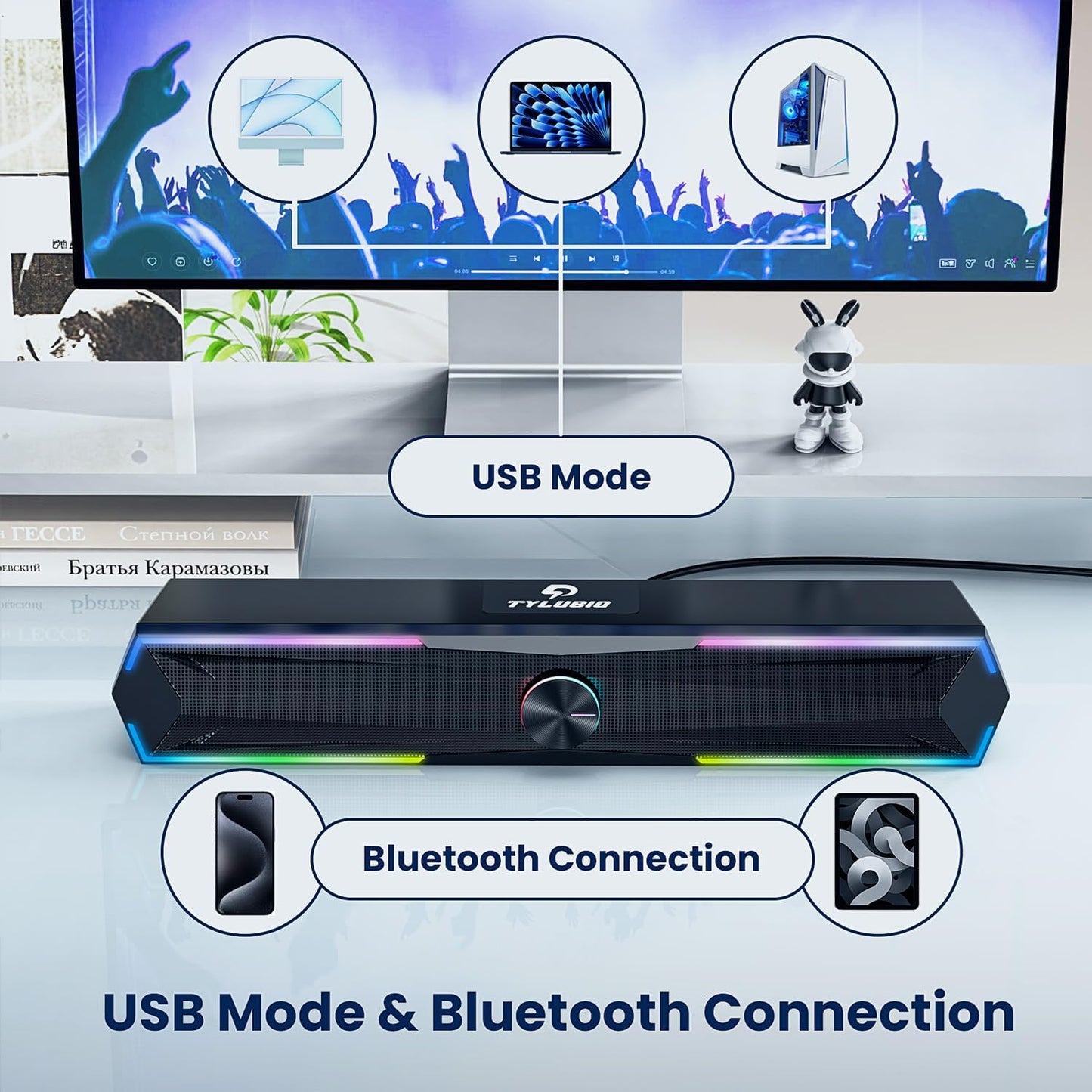 Tylubio Computer Speakers for Pc Desktop with Clear Sound, Flowing LED PC Speaker for Computer Desktop Laptop Monitor