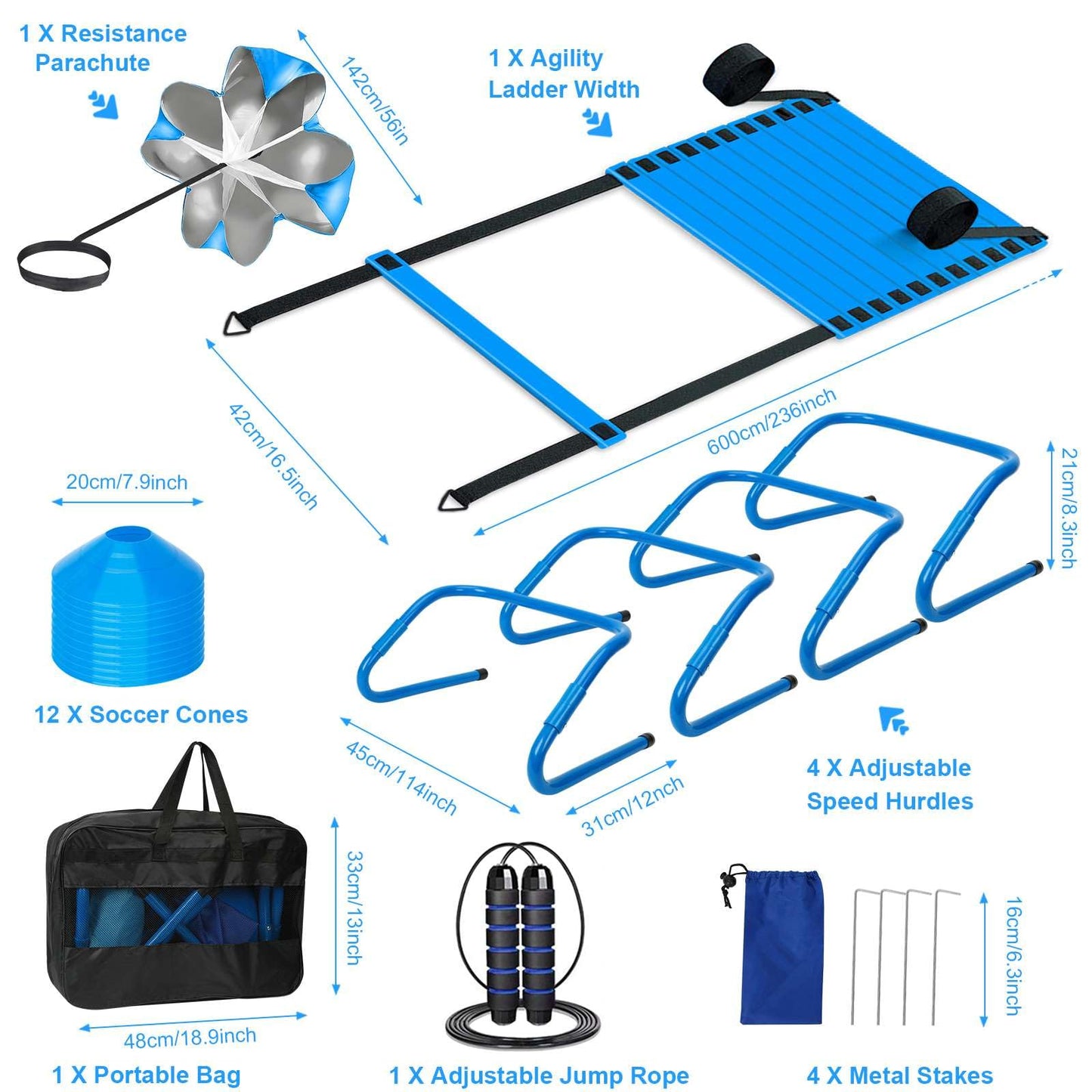 YGORTECH Agility Ladder, Soccer Training Equipment Set, 4 Agility Hurdles, 20ft Speed Ladder, Running Parachute, 12 Football Cones, Jump Rope | Soccer Basketball Athletes Speed Training Blue