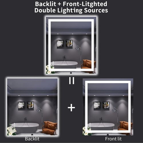 LOAAO LED Bathroom Mirror - 32" x 36" Dimmable, Anti-Fog, Backlit & Front Lit with Memory Function