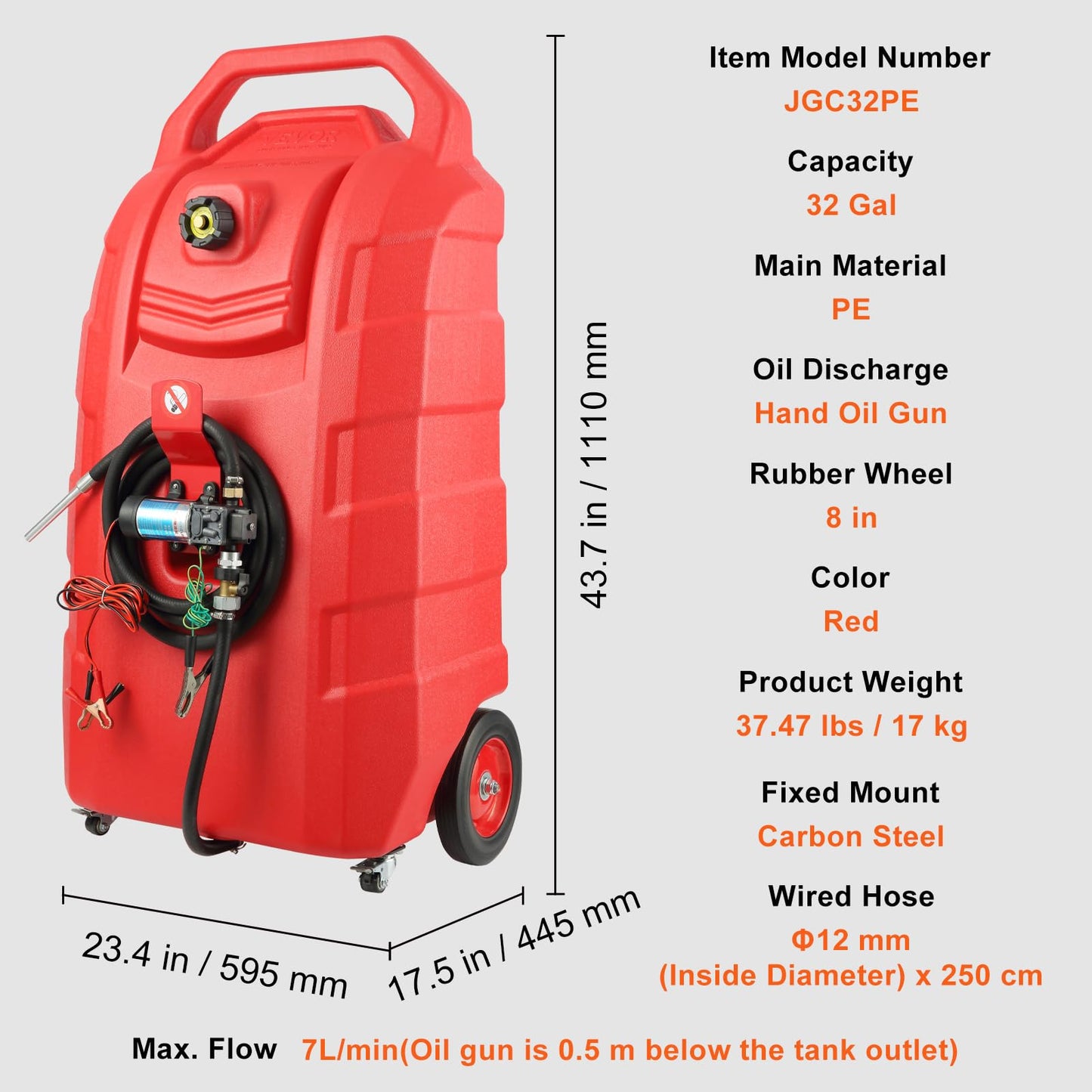 VEVOR Fuel Caddy, 32 Gallon, Fuel Transfer Caddy Tank On-Wheels, with 12V DC Transfer Pump, Gasoline Diesel Fuel Caddy with 8.2 ft Hose, Flow Rate 7L/min, for Trucks, Boats, Lawn Mowers