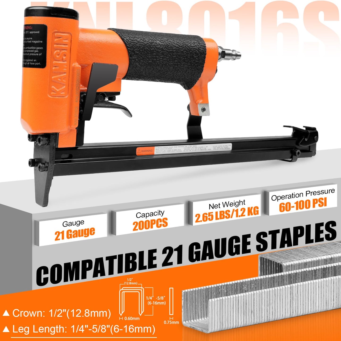 KAMSIN KNL8016S 21 Gauge Pneumatic Serial Upholstery Stapler with Extended Long Magazine, 1/2" Crown Staples, 1/4" to 5/8" Leg Length, Air Power Upholstery Staple Gun for Furniture and Woodworking