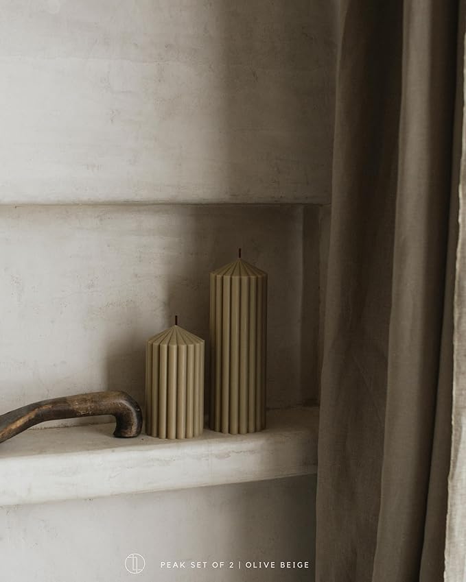 LAWA Ribbed Peak Pillar Candle - Large Beautiful Handmade Pillar Scented Soy Wax Candle Elegant Bubble Aesthetic Candle Housewarming Gift Home Room Shelf Decor Idea White (Set of 3, Olive Beige)