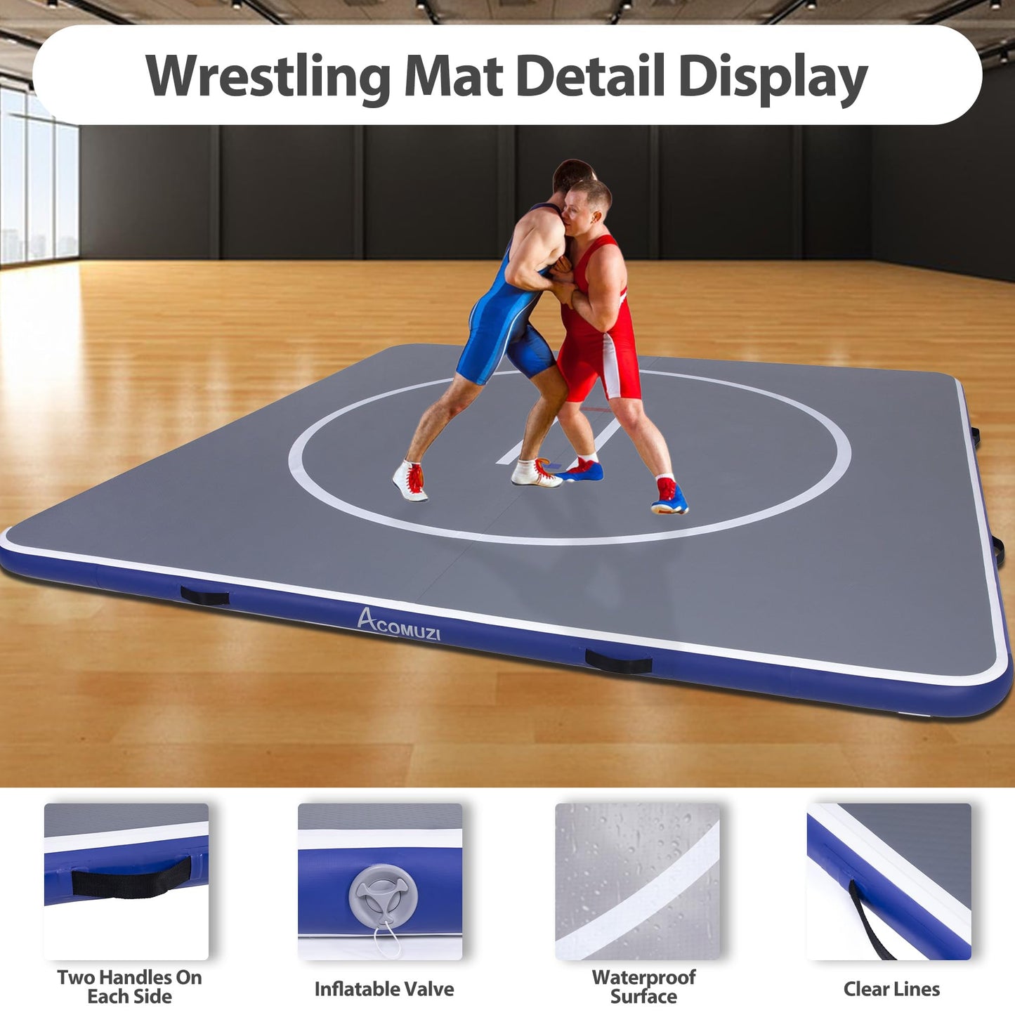 ACOMUZI Inflatable Wrestling Mat 13FT/10FT/5FT, Portable Jiu Jitsu Mats Wrestling Mat for Home, Outdoor or Indoor Training Mat for Water Yoga, Gymnastics, BJJ, MMA (Gray+Blue, 10×10FT×4inch)