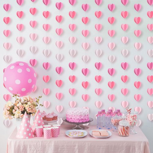 Epakh 12 Pcs Valentines 3D Heart Garland Banners 57ft Hanging Paper Heart Streamers Valentines Wall Decorations Party Decor Supplies for Galentines Wedding Classroom Birthday(Gradient Pink)