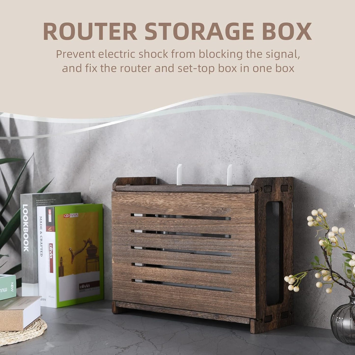 BEARUT 14.9 9.8 5.4 Wooden Router Shelf Wall Mount WiFi Router Storage Box Modem Cable Router Cover Organized Power