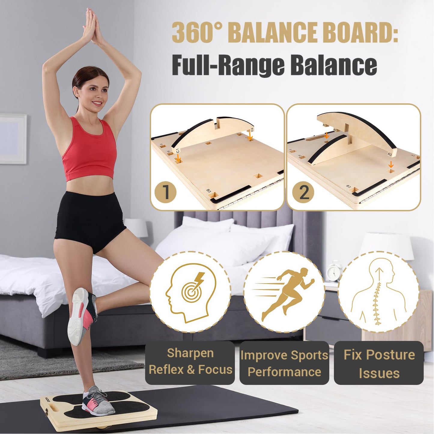 3-in-1 Slant Board & 180°/360° Balance Board, Portable 6 Angle Adjustable Calf Stretcher with Training Poster, Anti-Slip 300LBS Wobble Board for Physical Therapy, Standing Desk & Core Strength