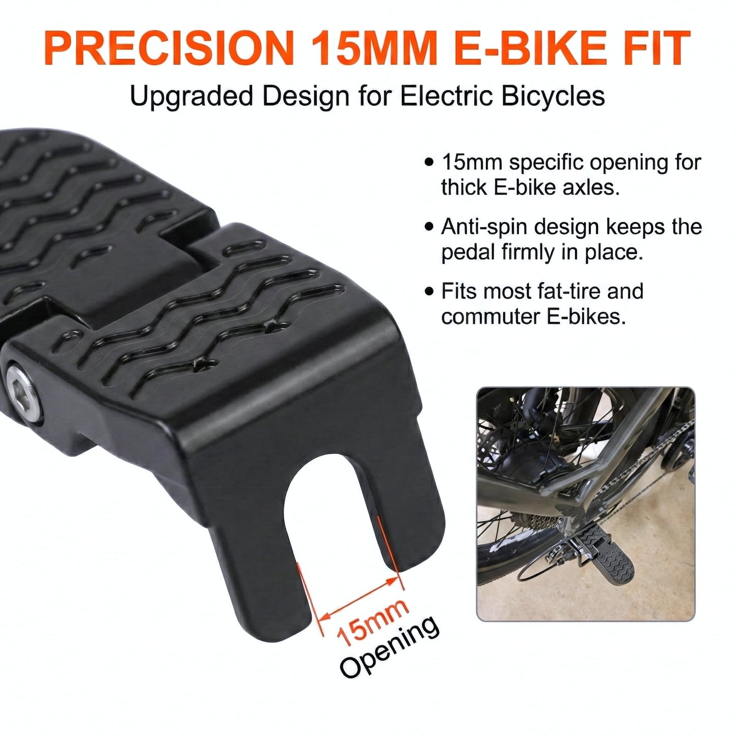 RHEOLITH Heavy Duty E-Bike Foot Pegs for 15mm(0.59") Axle ONLY, Anti-Slip Foldable Rear Pedals for Passenger, Manganese Steel Reinforced Aluminum Bike Footrests for E-Bike, MTB & Folding