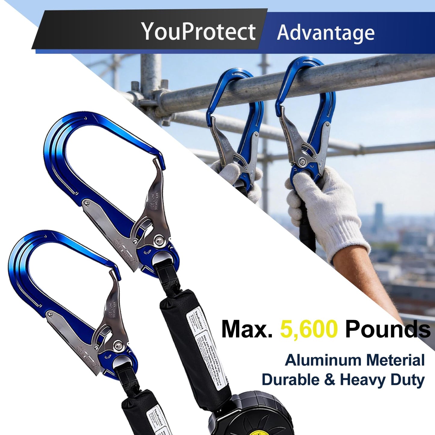 Fall Protection Retractable Lanyard - 6FT Dual Leg SRL Self Retracting Lifeline for Roofing and Construction, Dual Aluminum Hooks, Shock Absorber | OSHA & ANSI Compliant SRL