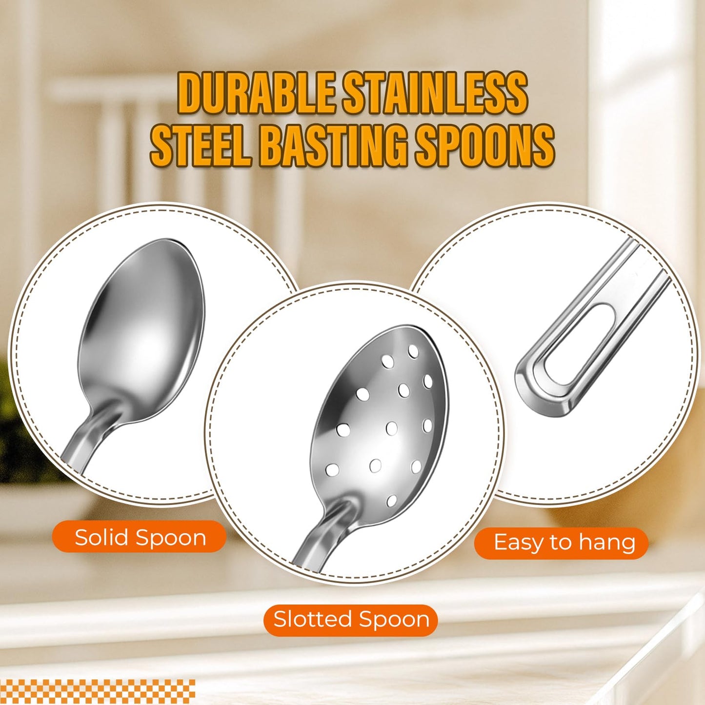 Teecyhooo 2 Pieces Silver Stainless Steel 15" Long Handle Basting Spoon Steel Solid and Slotted Spoon Set for Kitchen Serving Cooking Basting Accessories