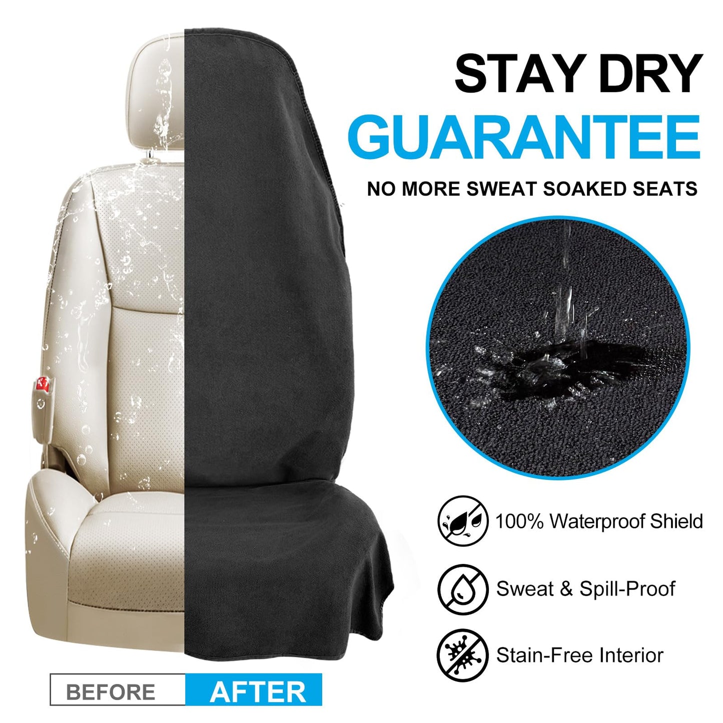 Waterproof Sweating Towel Car Seat Cover for Post Gym Workout, Running, Swimming, Beach and Hiking, Universal Fit Anti-Slip Bucket Seat Protector for Cars, SUVs and Trucks, Machine Washable (Black-1P)