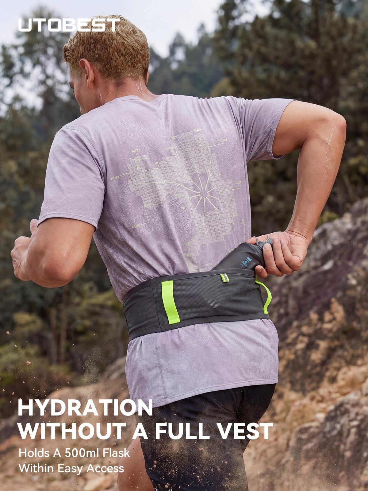 UTOBEST Running Belt for Men & Women, Bounce-Free Running Waist Pack Fits All Phones, 4-Pocket No Zipper Trail Running Belt Fits 500ml Soft Flask, Pole Carry Straps for Race, Trail (B7 Pro-Grey, 2XS)