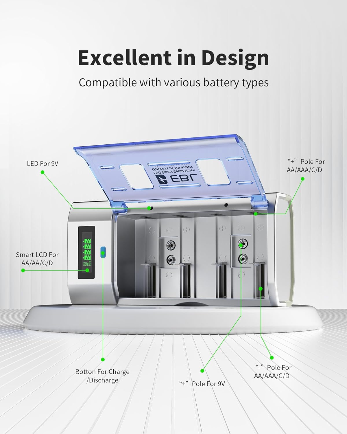 EBL 9V Universal Smart Battery Charger with Discharge Function Multi-Bay Rapid Charger for C D AA AAA Ni-MH Ni-CD