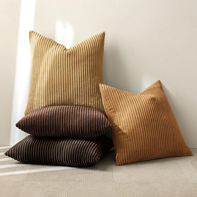 MIULEE Boho Farmhouse Throw Pillow Covers 18x18 Inch Set of 4 Rustic Mordern Neutral Cushion Covers Soft Corduroy Nordic Home Decor for Couch Bed Sofa Living Room Camel Brown