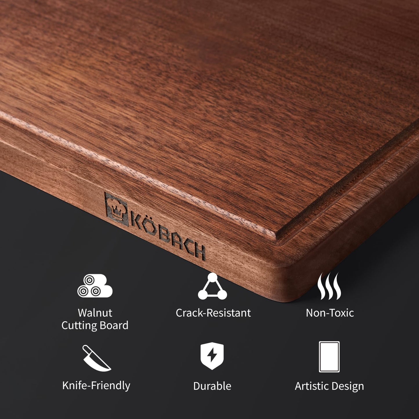 KOBACH Black Walnut Wood Cutting Board – 11"x17" Durable, Non-Toxic Double-Sided Wooden Chopping Board for Kitchen, Butcher Block with Juice Grooves