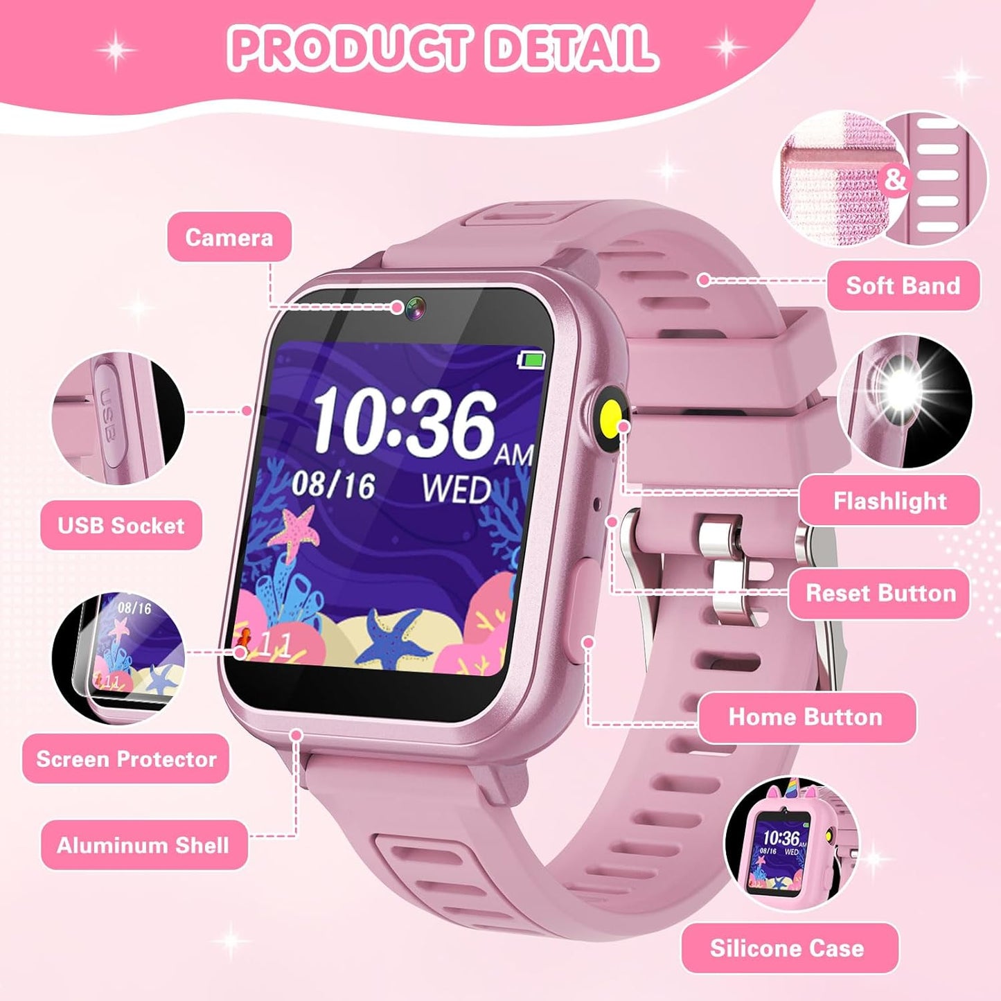 MOFGDNI 39 12/24 3-12 Smart Watch for Kids with Games Touchscreen Camera Video, Music Player, Pedometer, Calculator