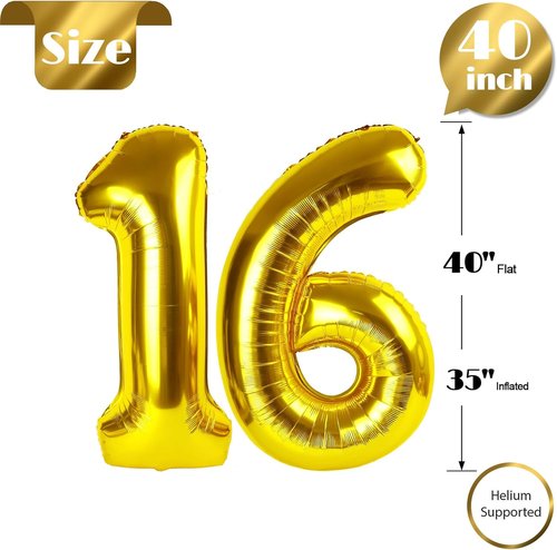 Gold Number 16 Balloon - 40 Inch Golden Birthday Decoration for 16th Party Supplies