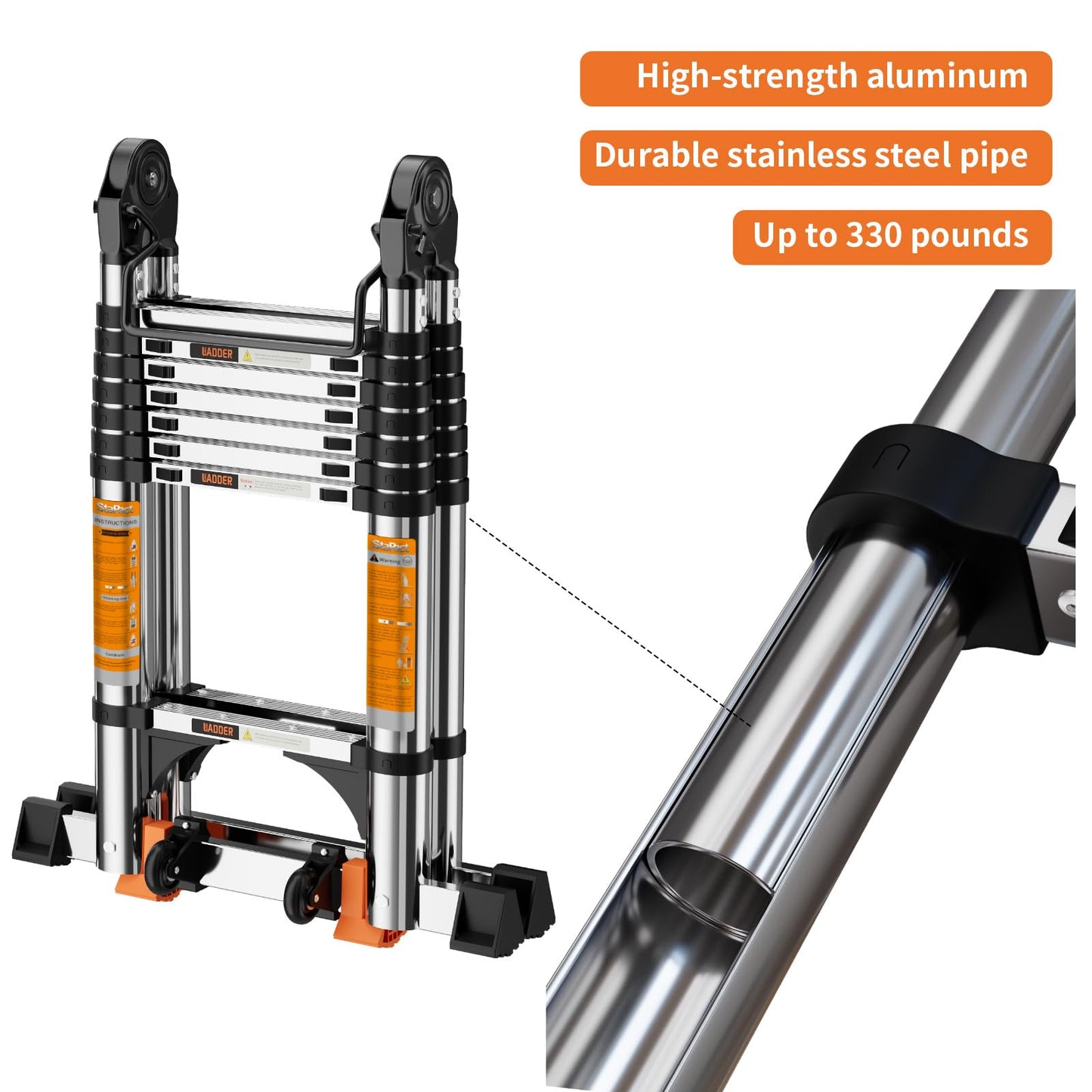 Telescoping Ladder A Frame,Telescopic Ladder for Home, Roof, RV，16.5 Ft Stainless Steel Extension Ladder with Dual Balance Bars,Wheels and 2 Triangle Stabilizers，330 lb Capacity (16.5FT-A Frame PRO)