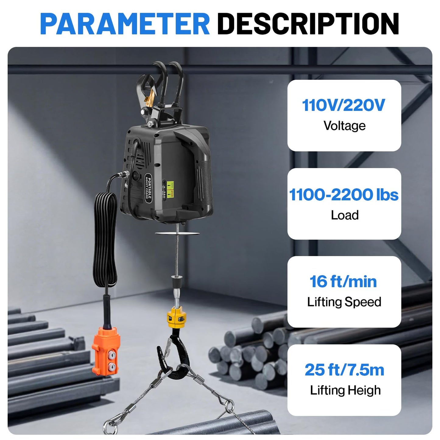 3-in-1 Electric Hoist with Remotes, 2200lb Capacity Portable Power Winch Crane 110V, 25ft Lifting Height (Black, 3-IN-1-2200LBS)