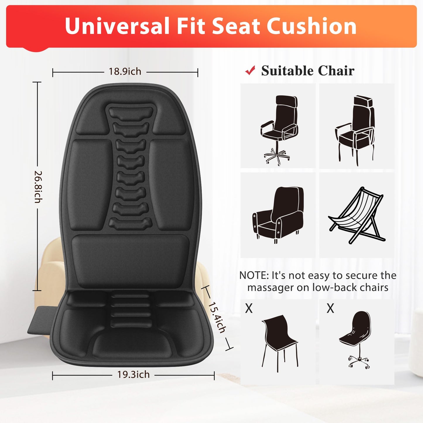 comrelax Back Massager with Heat, Massage Chair Pad with 5 Modes & 2 Heat Levels for Back & Thighs, Back Massage Pad for Office & Home Chairs, Matte Black