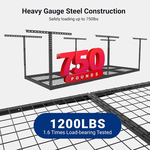 FLEXIMOUNTS 3x8 Overhead Garage Storage Rack - Adjustable Heavy-Duty Metal System | 750lbs Capacity, Black