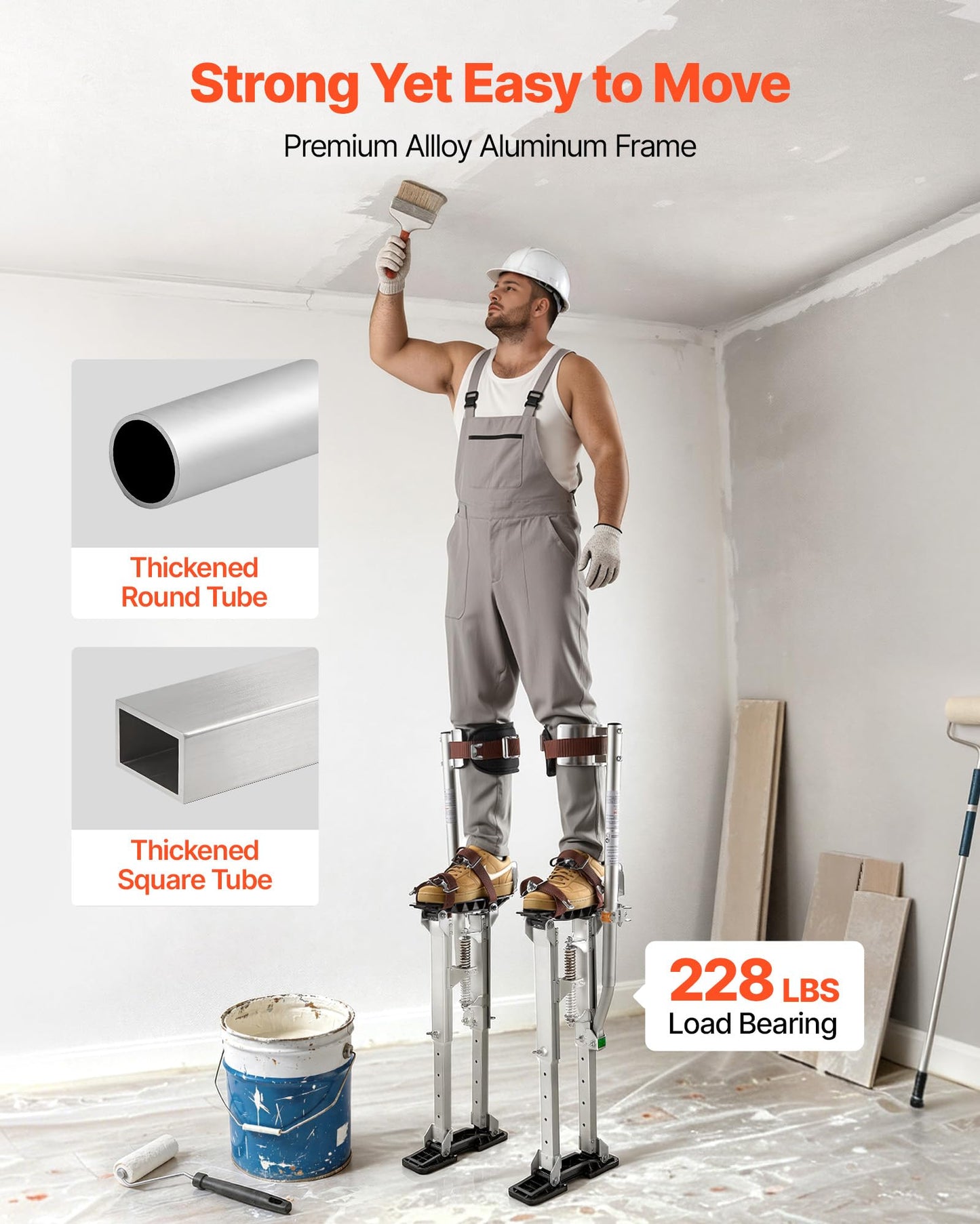 VEVOR Drywall Stilts, 16.1–24.1 in Adjustable Aluminum Painter Stilts, 228 lbs Load Capacity, Non-Slip Rubber Feet, Dual Spring Shock Absorption, Comfortable Leg Straps for Painting, Decoration,Silver