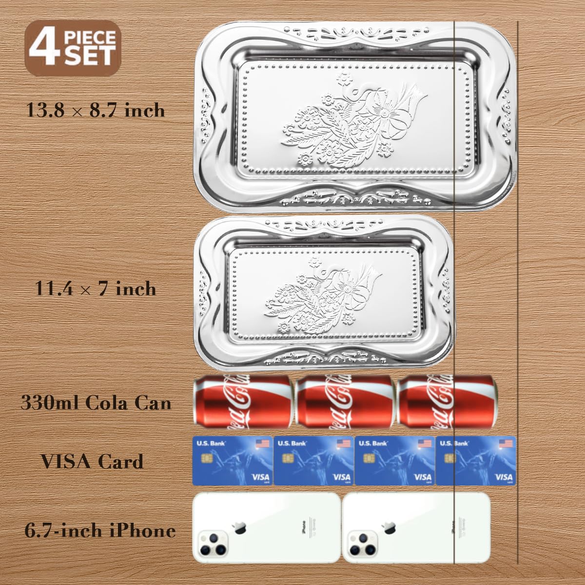 4-Pack Silver Serving Trays Set - ZENOVLUX Lightweight Bow Floral Engraved Mirror Decorative Tray, 13.8" x 8.7" Party Platters for Easter, Food, Appetizer, Charcuterie, Cookies, Desserts