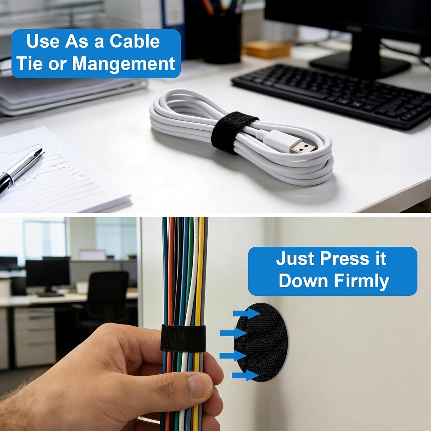 50 XANGNIER Pair Cable Management Under Desk,Adjustable Hook and Loop Cable Ties,Self Adhesive Cord Organizer,Reusable