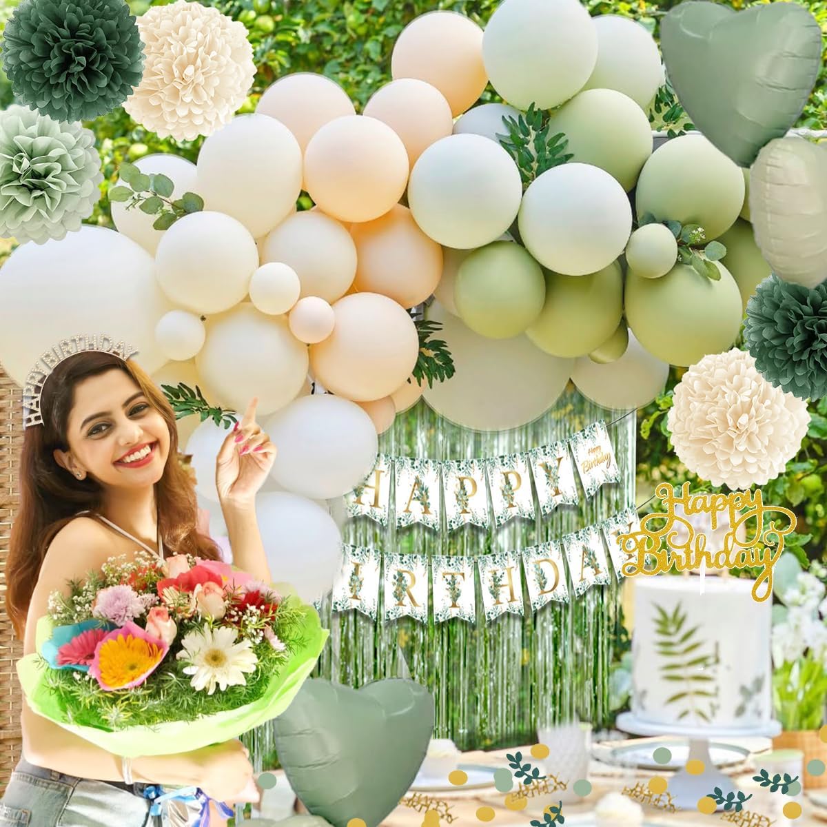 Sage Green Birthday Decorations Set - Balloons, Banner, Pom Poms & Crown for Boho Parties