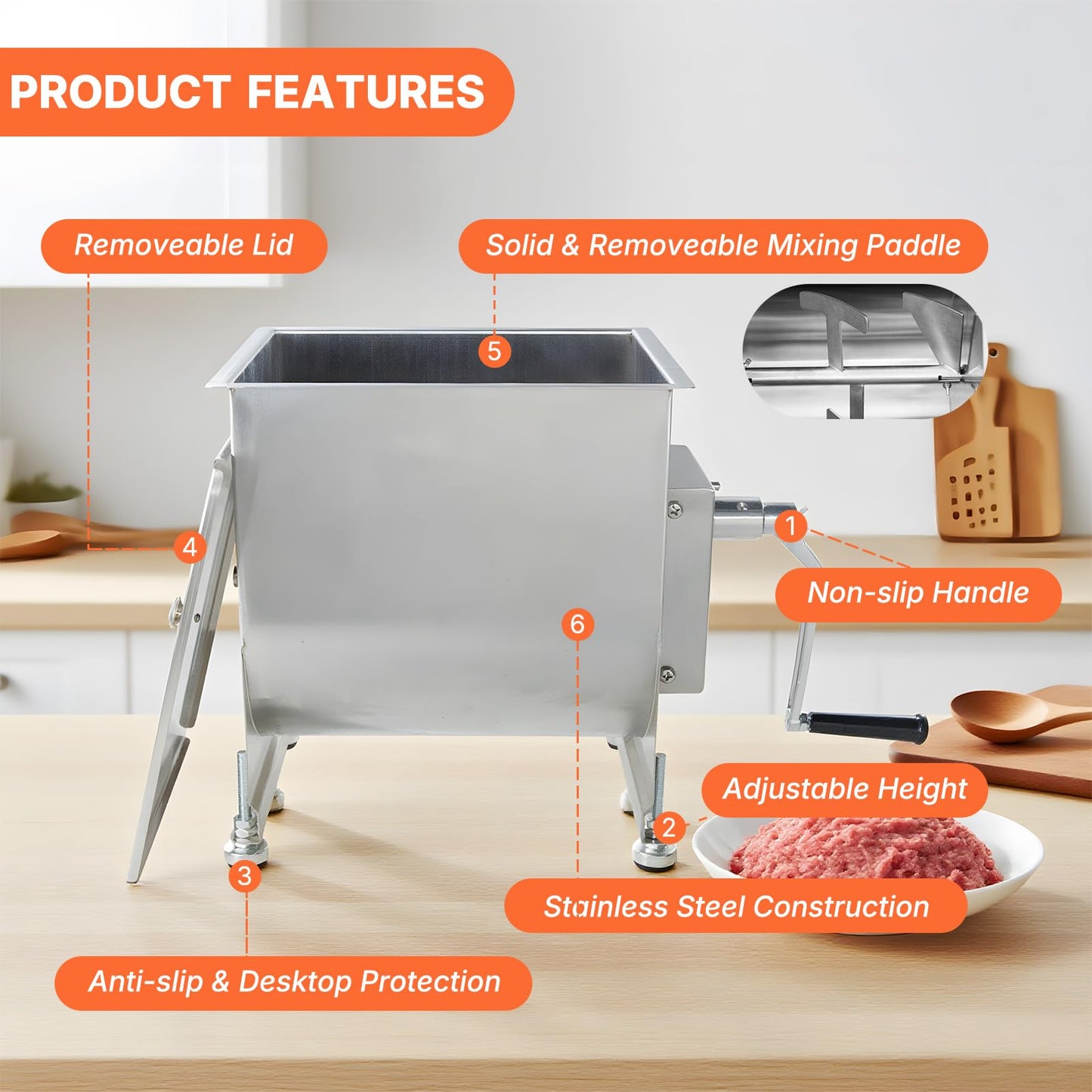 Hakka 15lb/7.5L Manual Meat Mixer, Stainless Steel 10L Fixed Tank Meat Mixer for Sausage (Mixing Max.15lb for Meat)
