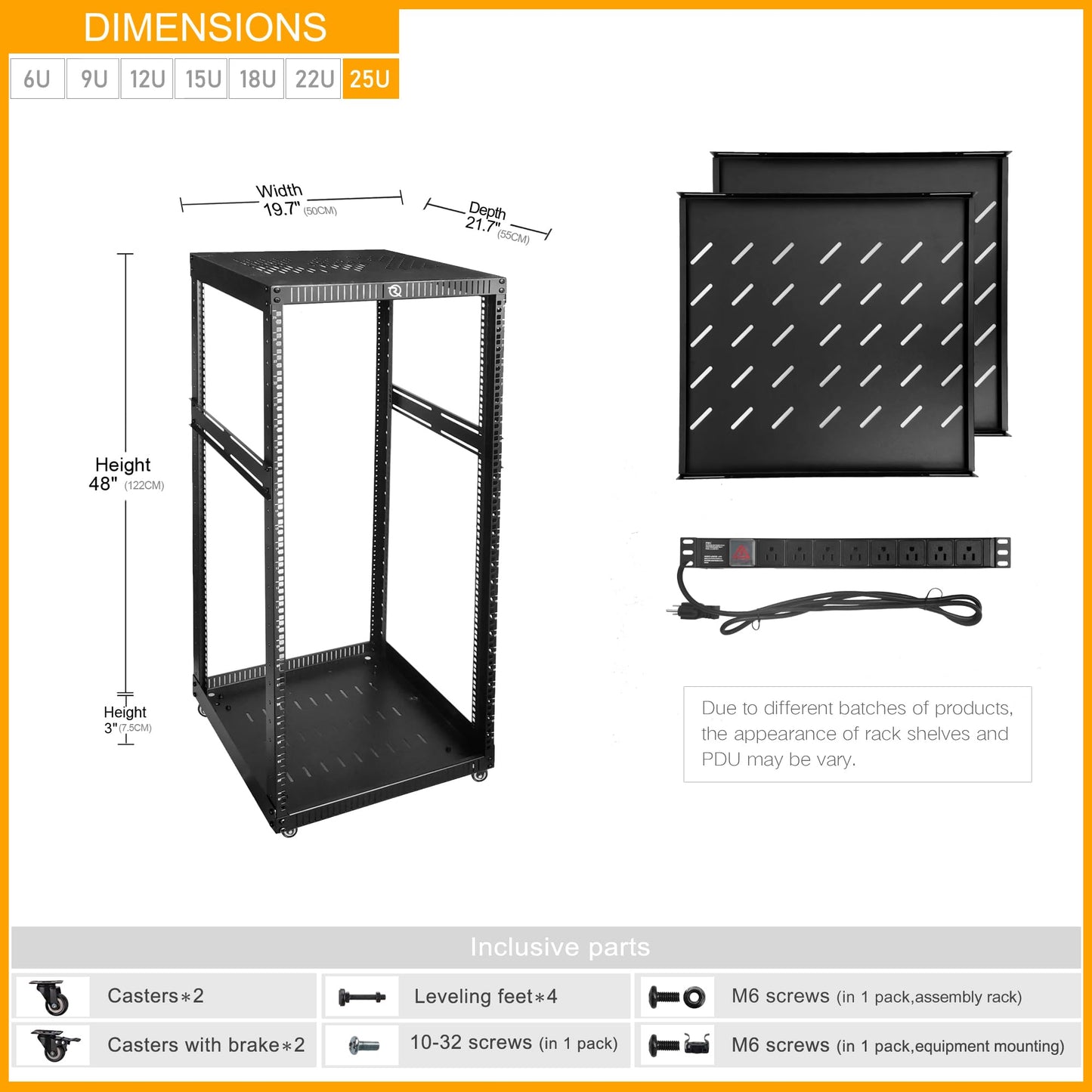 RIVECO 25U Network Rack with Reinforced Top Cover - 4 Post Floor Rack on Wheels Including Rack Mount Power Strip & 2PCS 1U Rack Shelves & 12" Rack Shelves 2 PCS