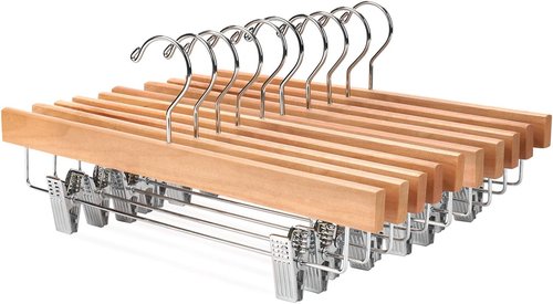 Nature Smile Wooden Pants Hangers - Deluxe Solid Lotus Wood with 2 Adjustable Clips | Pack of 10 (Natural)
