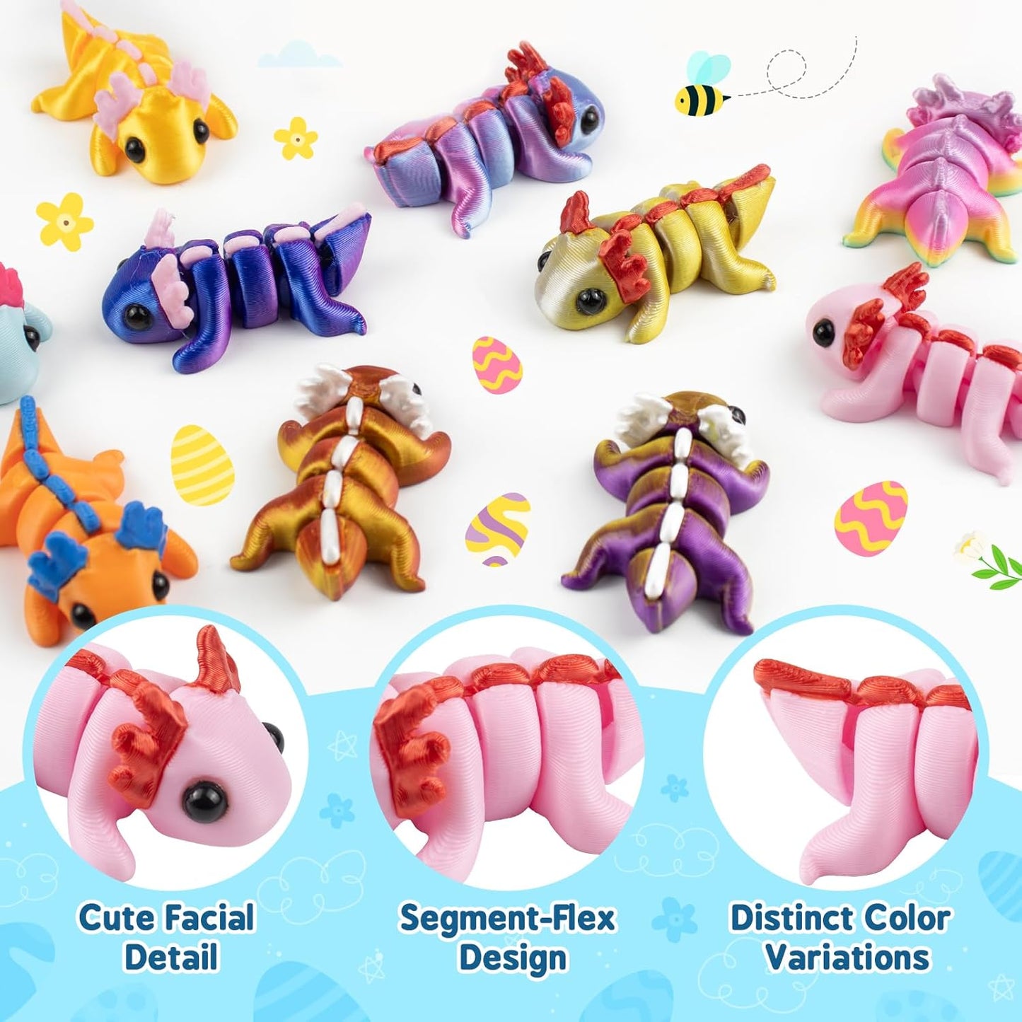 Skiennix Easter Basket Stuffers - 24 Pack Prefilled Easter Eggs with 3D Printed Axolotl Toys - Fun Mini Fidget Figures for Kids