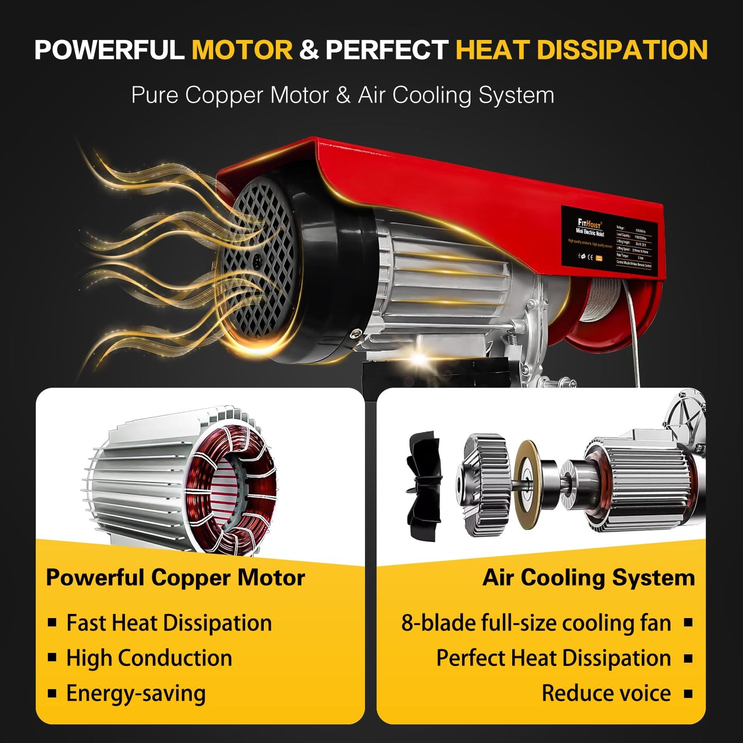 FITHOIST Electri Hoist,2200lbs 110V Electric Steel Wire Winch with Wireless Remote Control,Electric Winch Single/Double Slings with Emergency Stop,for Garage, Warehouses, Factories