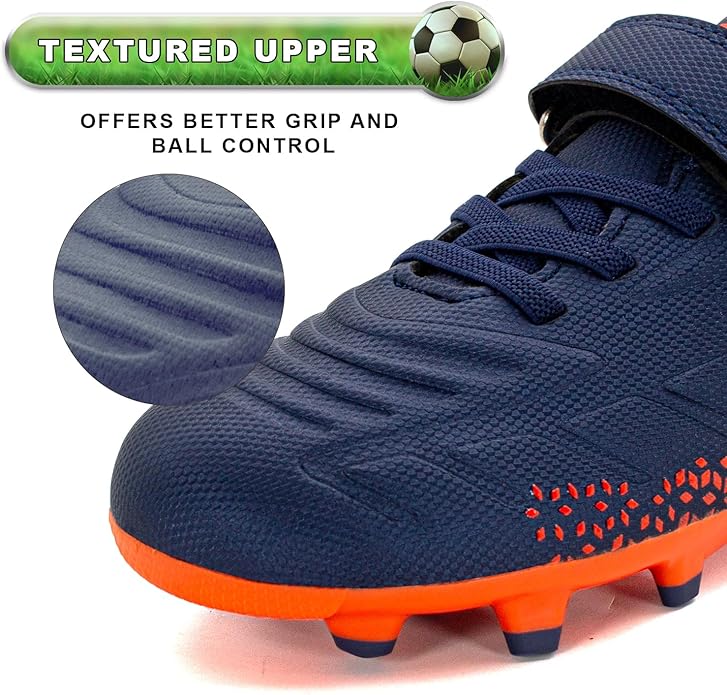 RUNIC Kids Soccer Cleats for Boys and Girls - Small and Big Kid Athletic Outdoor Football Shoes - Firm Ground - Hook and Loop Closure - Black/Gold