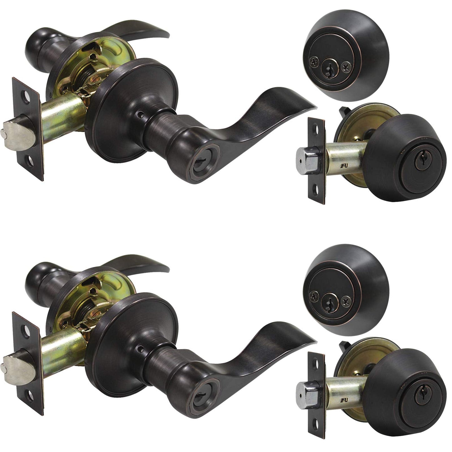 Brotima 2 Pack Keyed Alike Entry Door Lock Set, Double Cylinder Deadbolt with Wave Style Lever Door Handle, Oil Rubbed Bronze Wave Style Heavy Duty Door Lever Set for Bedroom,Exterior Doors