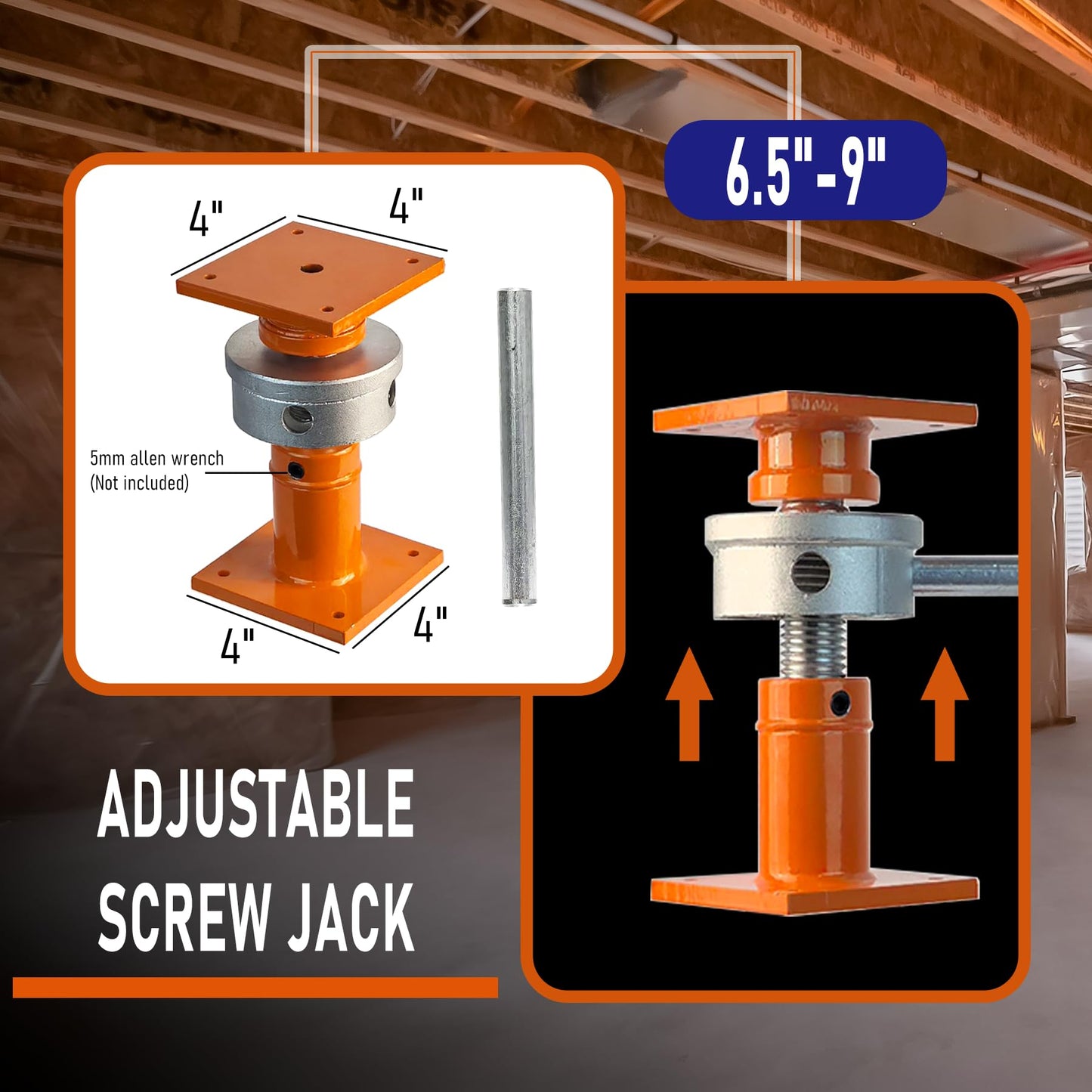 Heavy-Duty Screw Jack Post, 6.5" to 9" Adjustable Steel Shore House Jacks, 4" x 4" Basement Floor Jacks for Leveling, House Lifting & Structural Support