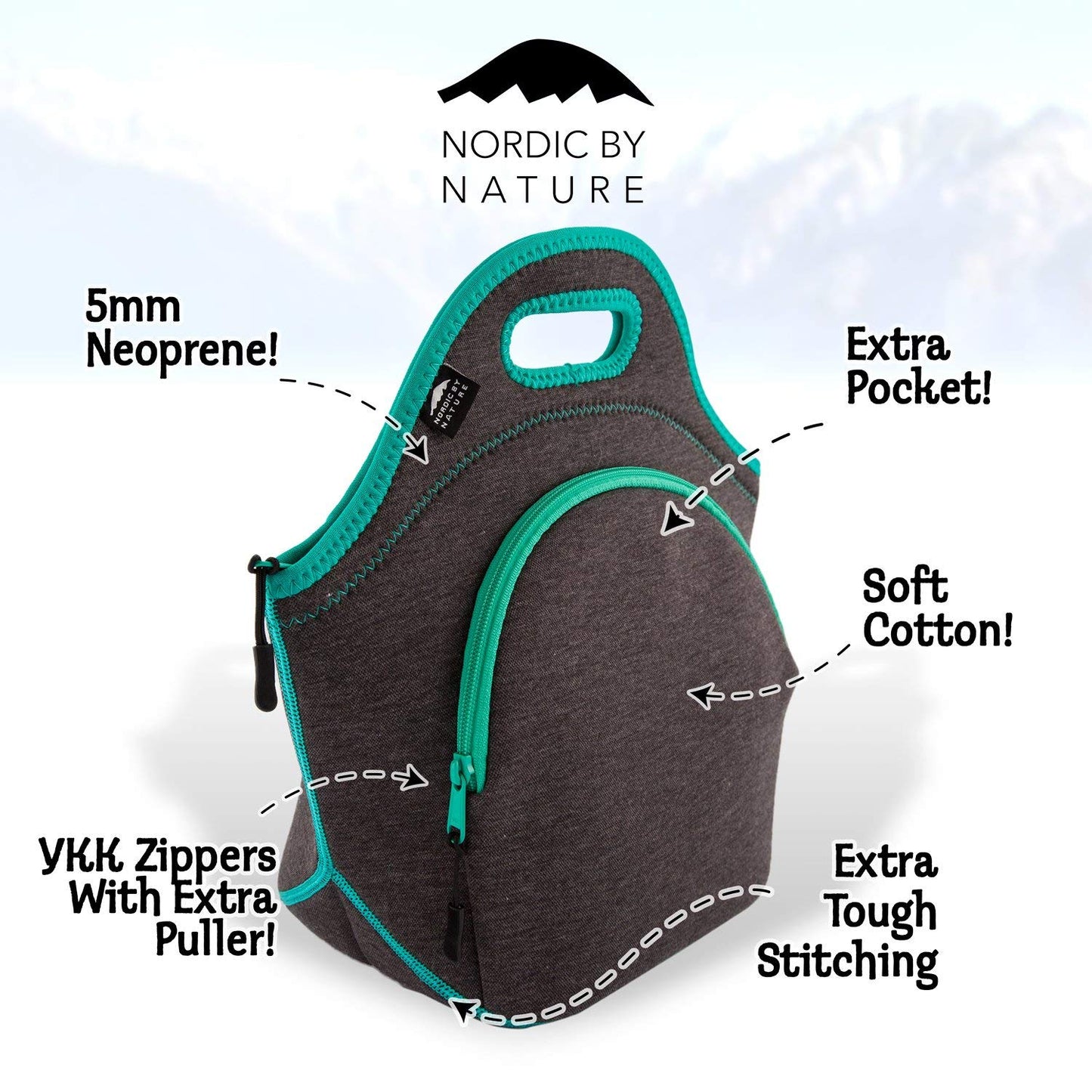 Nordic By Nature Insulated Neoprene Lunch Bag, Soft & Foldable Washable & Reusable Extra-Pocket (L) Dark Grey/Lagoon