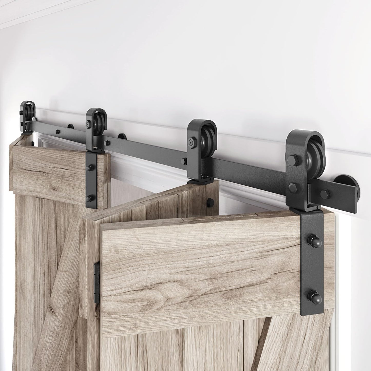 Roymelo 76" Bifold Sliding Barn Door Hardware Track Kit,Side Mounted Black J Shape Roller,Smoothly and Quietly,Assembly Easy,Fit Four 18" Bi-Folding Doors (Door Not Included)