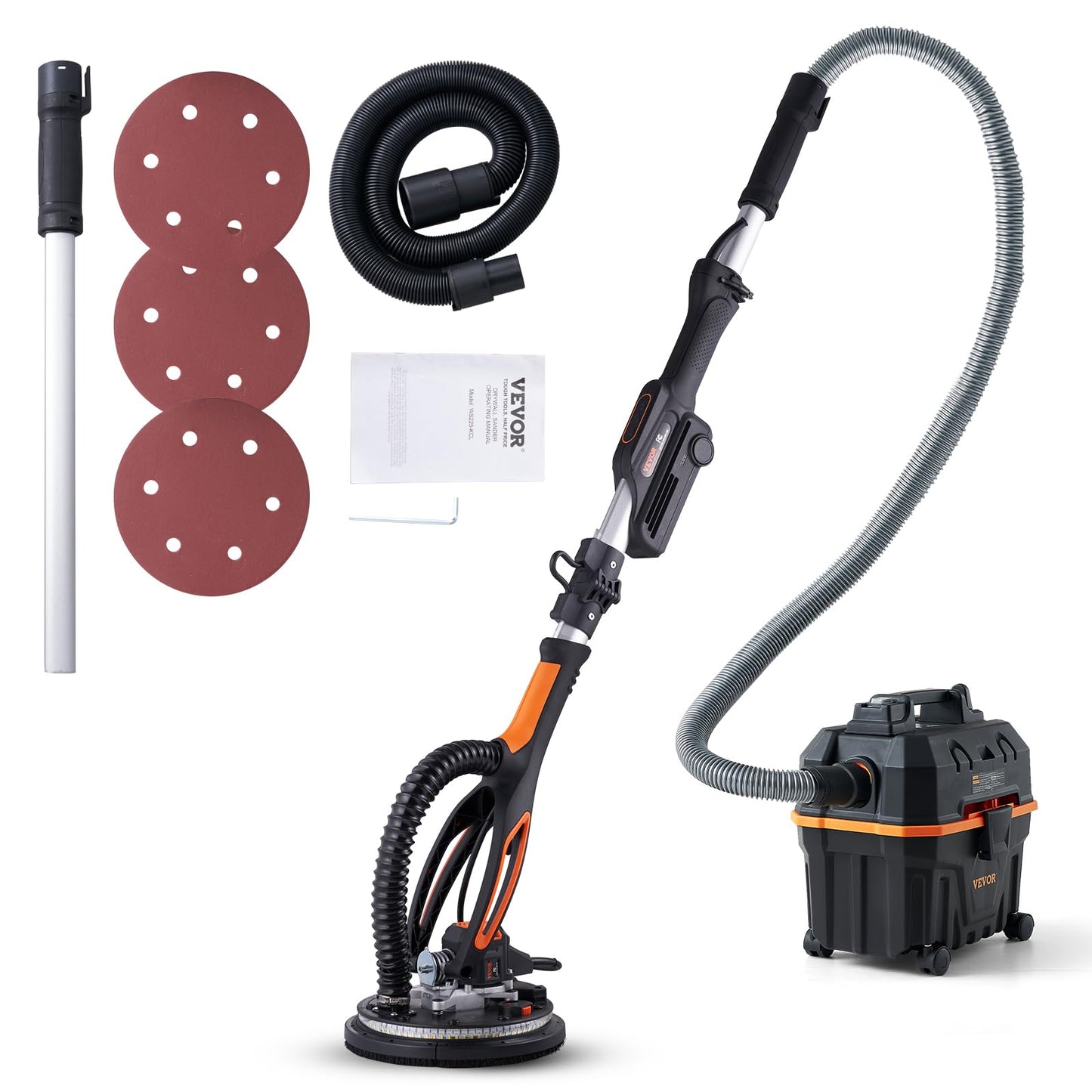 VEVOR Drywall Sander, 800W Brushless Motor Electric Sander, Variable Speed 1000-2300 RPM, Foldable Ceiling Sander with Double-Deck LED Lights, Extendable Handle, 12 Sanding Discs