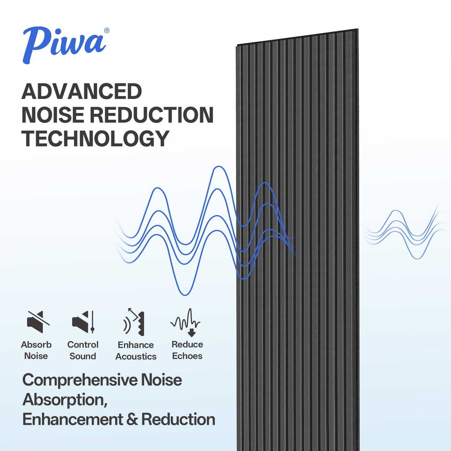 PIWA Wood Acoustic Slat Panels,94 x 24 in,2-Pack-12mm MDF Surface with 9mm Sound-Absorbing Core-Dual-Layer Acoustic Wall Panels for Echo Reduction in Home Studio,Office & Living Room-Matte Black