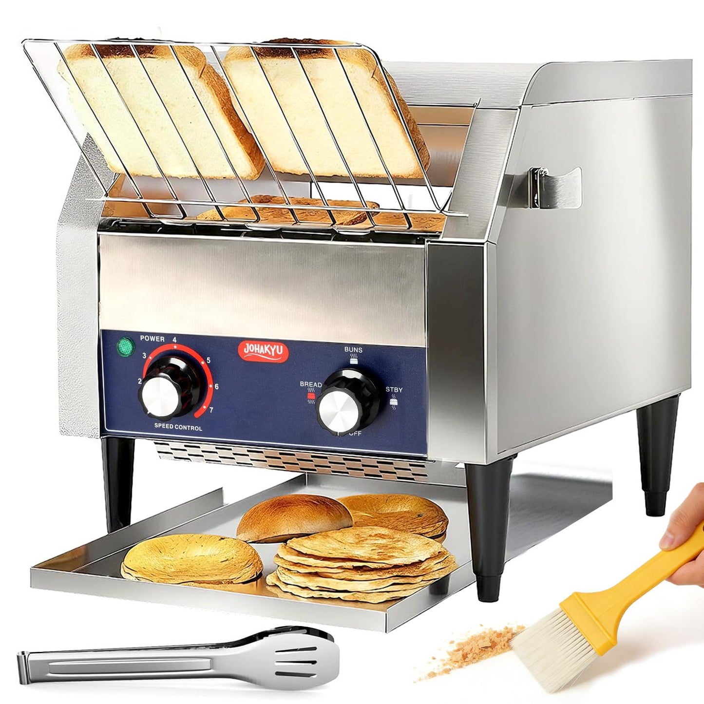 JOHAKYU Commercial Conveyor Toaster, 300 Slices/Hour Heavy Duty Stainless Steel Toaster for Buns, Bagels & Bread, Restaurant Grade with Cleaning Accessories