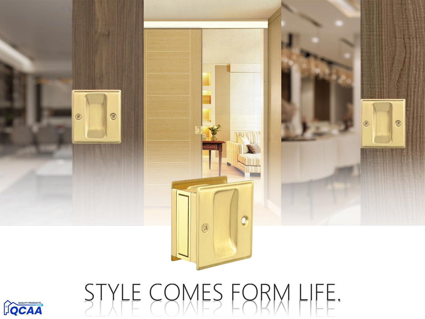 QCAA Solid Brass Sliding Door Pull Passage Door Pocket, Polished Brass, Made in Taiwan, 1 Pack