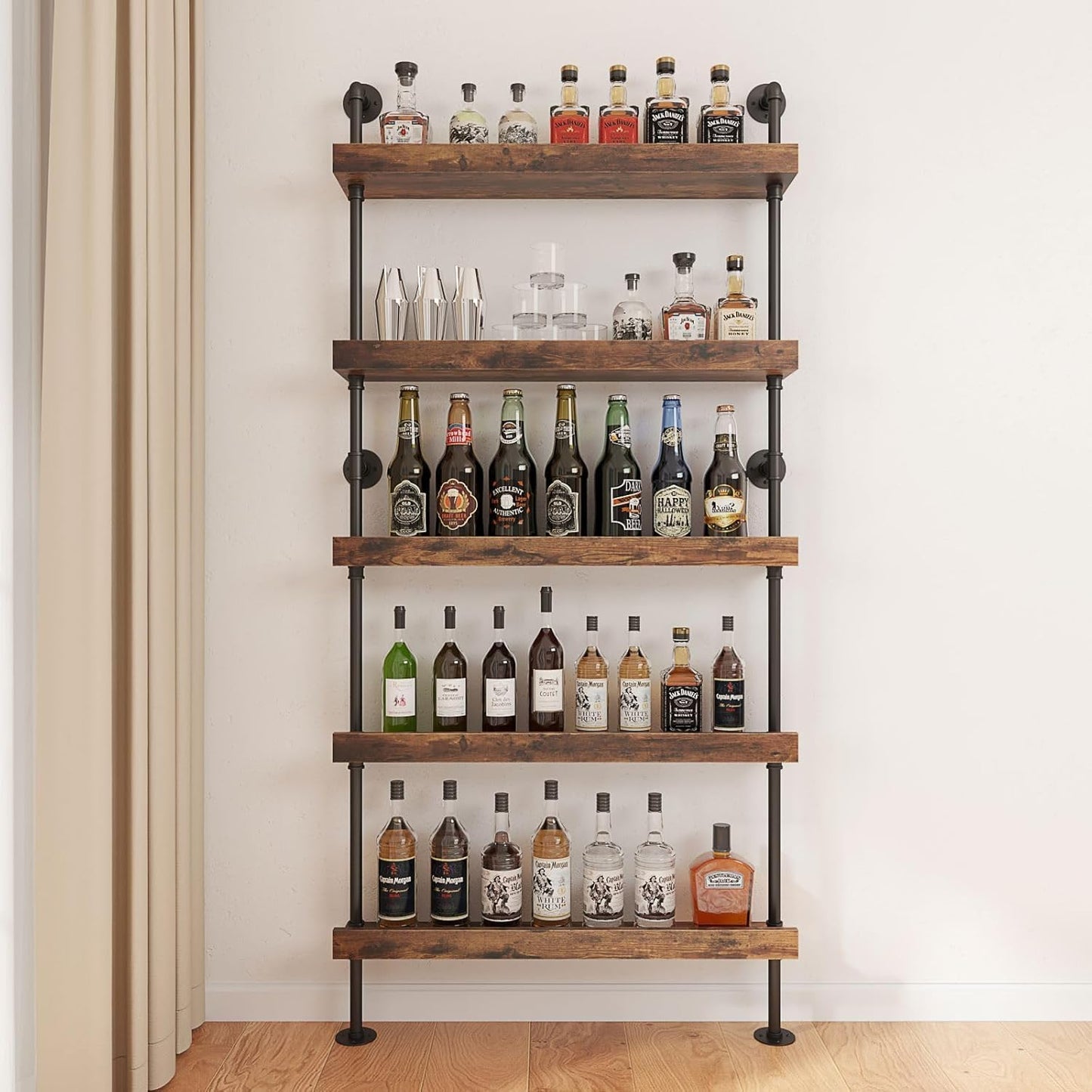 Woskar 5-Tier Wall Mounted Wine Rack, Industrial Pipe Bar Shelf for Wine Bottle Storage, Industrial Pipe Shelves Shelf Shelving for Home Bar Dining Room Kitchen (39.4" W x 79" H)