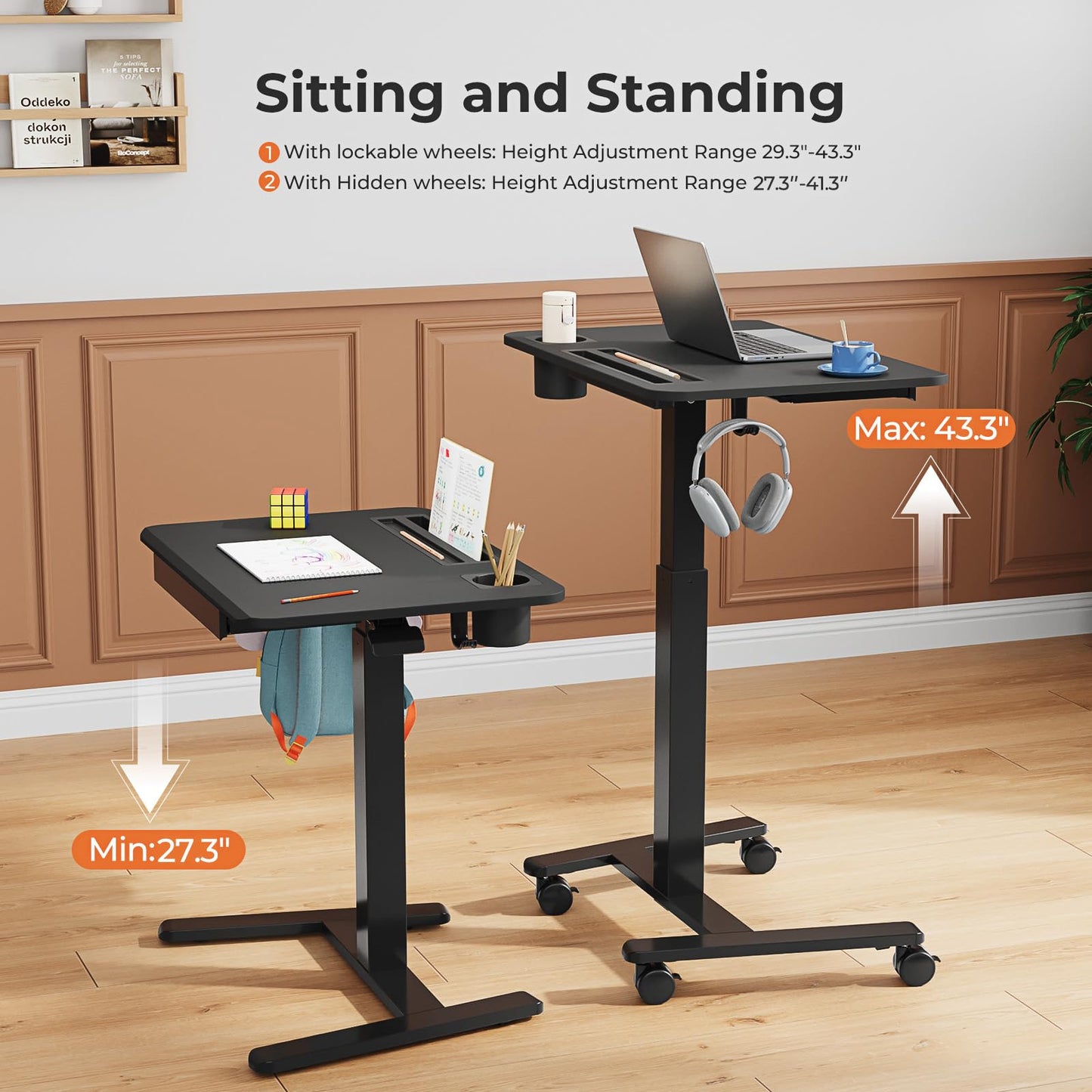 JYLH JOYSEEKER Mobile Standing Desk with Drawer, 28" Rolling Desk with Cup Holder and Hooks, Portable Laptop Workstation on Wheels, Height Adjustable Cart with Storage for Home Office, Black