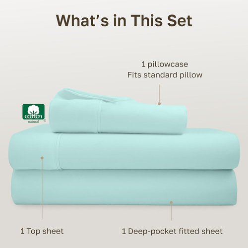 California Design Den Twin Bed Sheets Set - 100% Cotton, 400 Thread Count, Smooth Sateen Finish, Seafoam Color