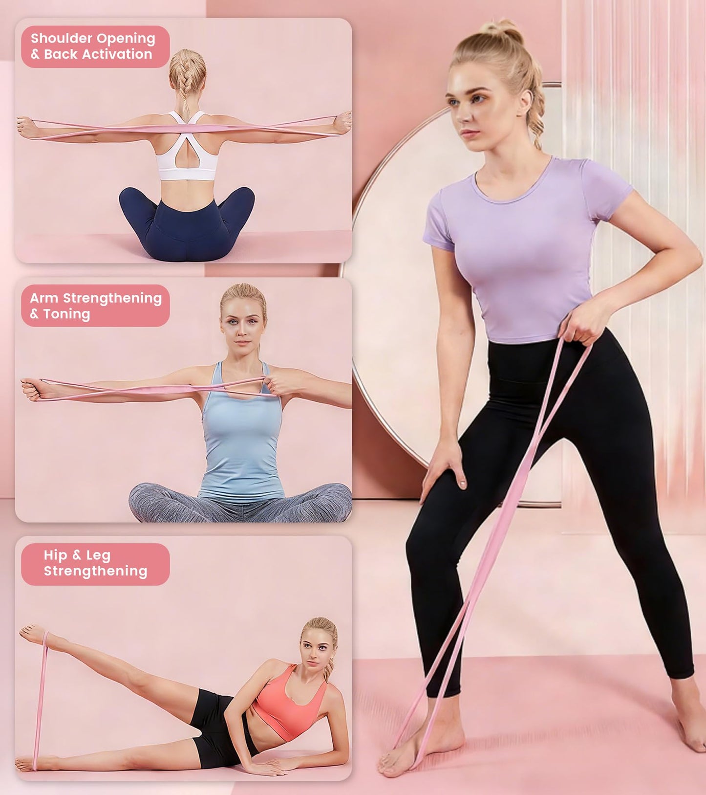 Resistance Bands with Handles, 2 Pcs Figure 8 Exercise Bands for Arm, Back and Shoulder Training, Elastic Fitness Bands for Strength Training, Stretching, Yoga and Home Workouts (‎Pink+Purple)